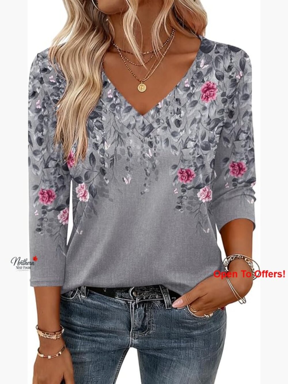 3/4 Sleeve V-Neck Blouse Polyester Blend Casual Dressy Top